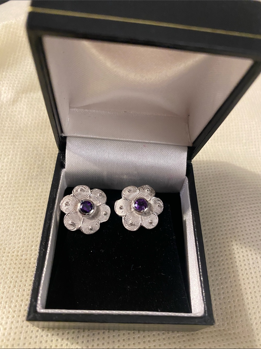 Sterling Silver Flower Stud Earrings with Purple Gemstones